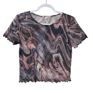 Caution To The Wind Mesh Marble Swirl Crop Top Purple Pink Lettuce Edge Large